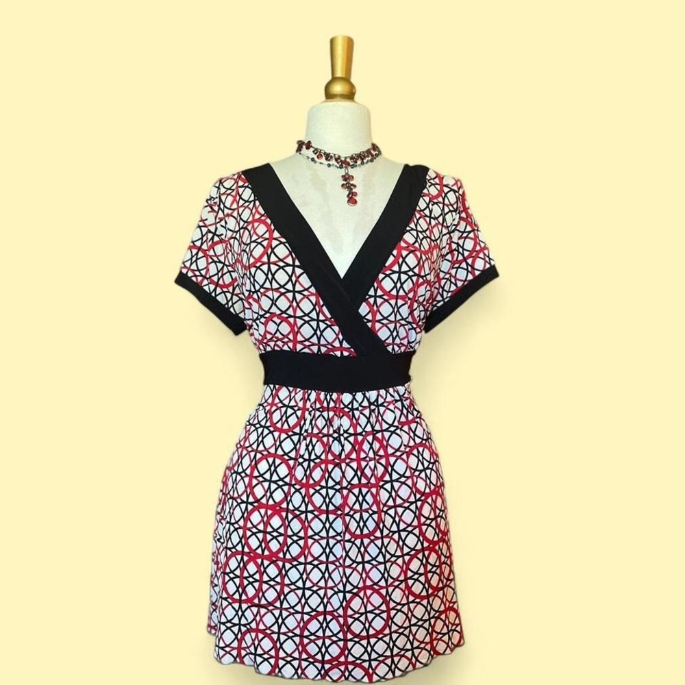 Vintage Y2K 2000s New Directions Geometric Faux Wrap Dress Red Black White XL